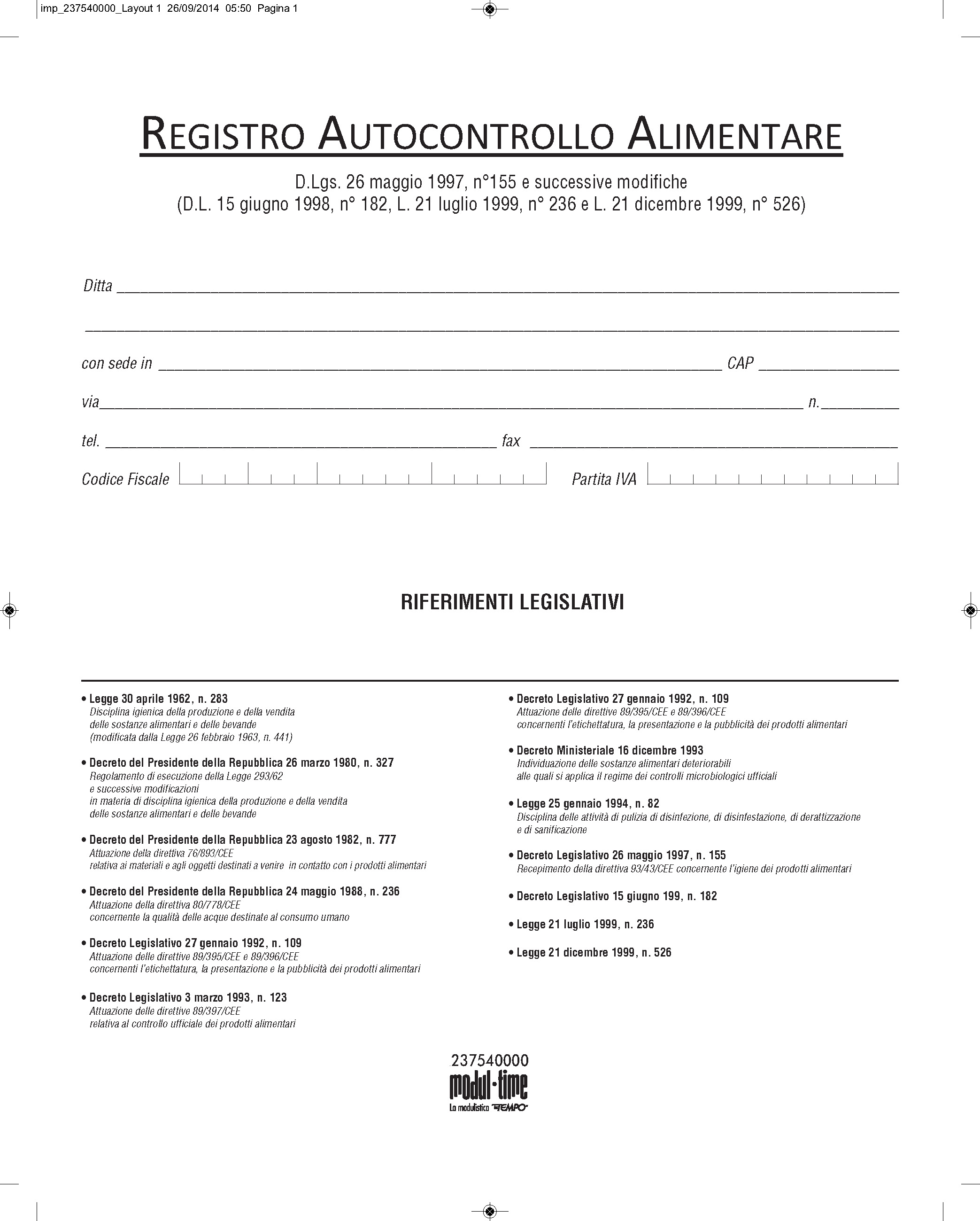 HACCP - REGISTRO AUTOCONTROLLO ALIMENTARE