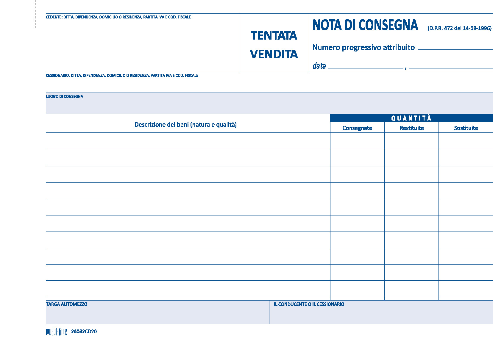 TENTATA VENDITA - NOTA DI CONSEGNA