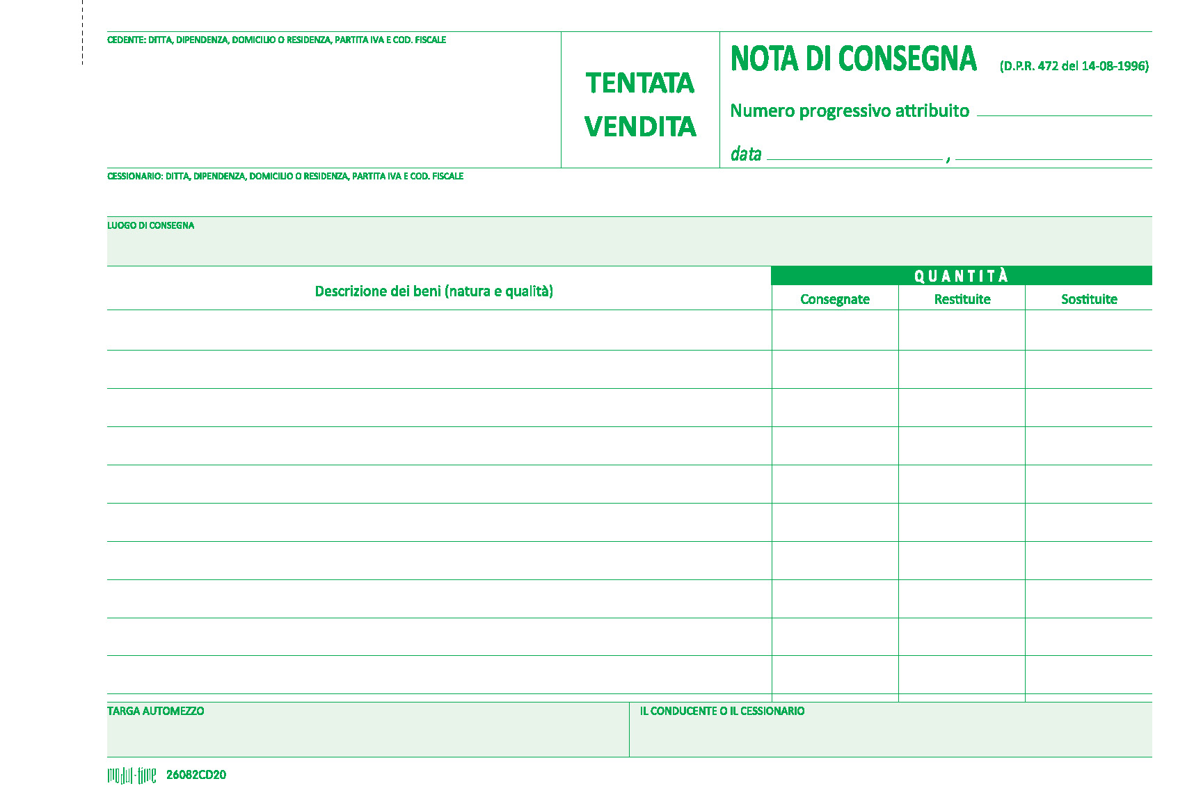 TENTATA VENDITA - NOTA DI CONSEGNA