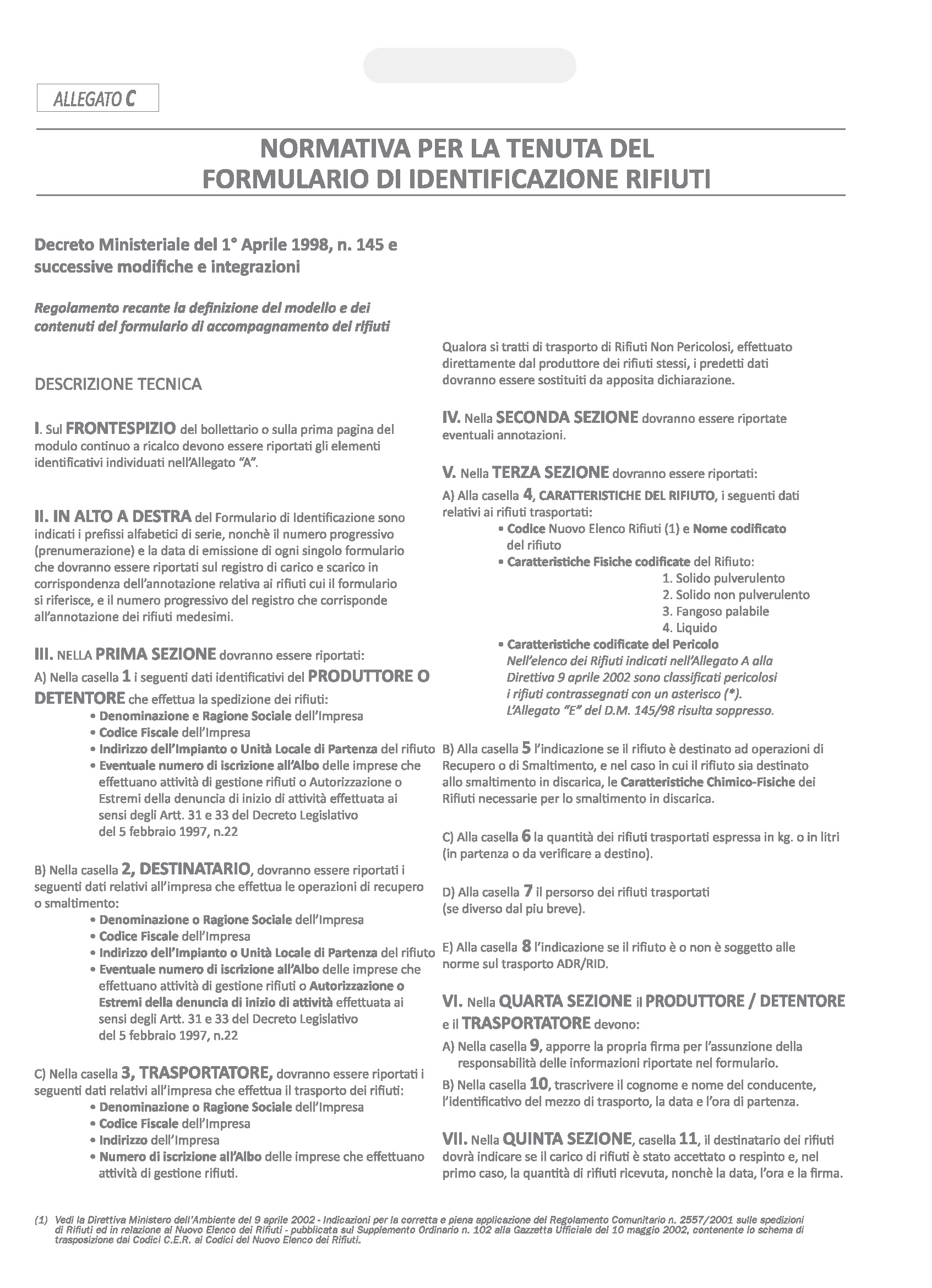 RIFIUTI - FORMULARIO IDENTIFICAZIONE