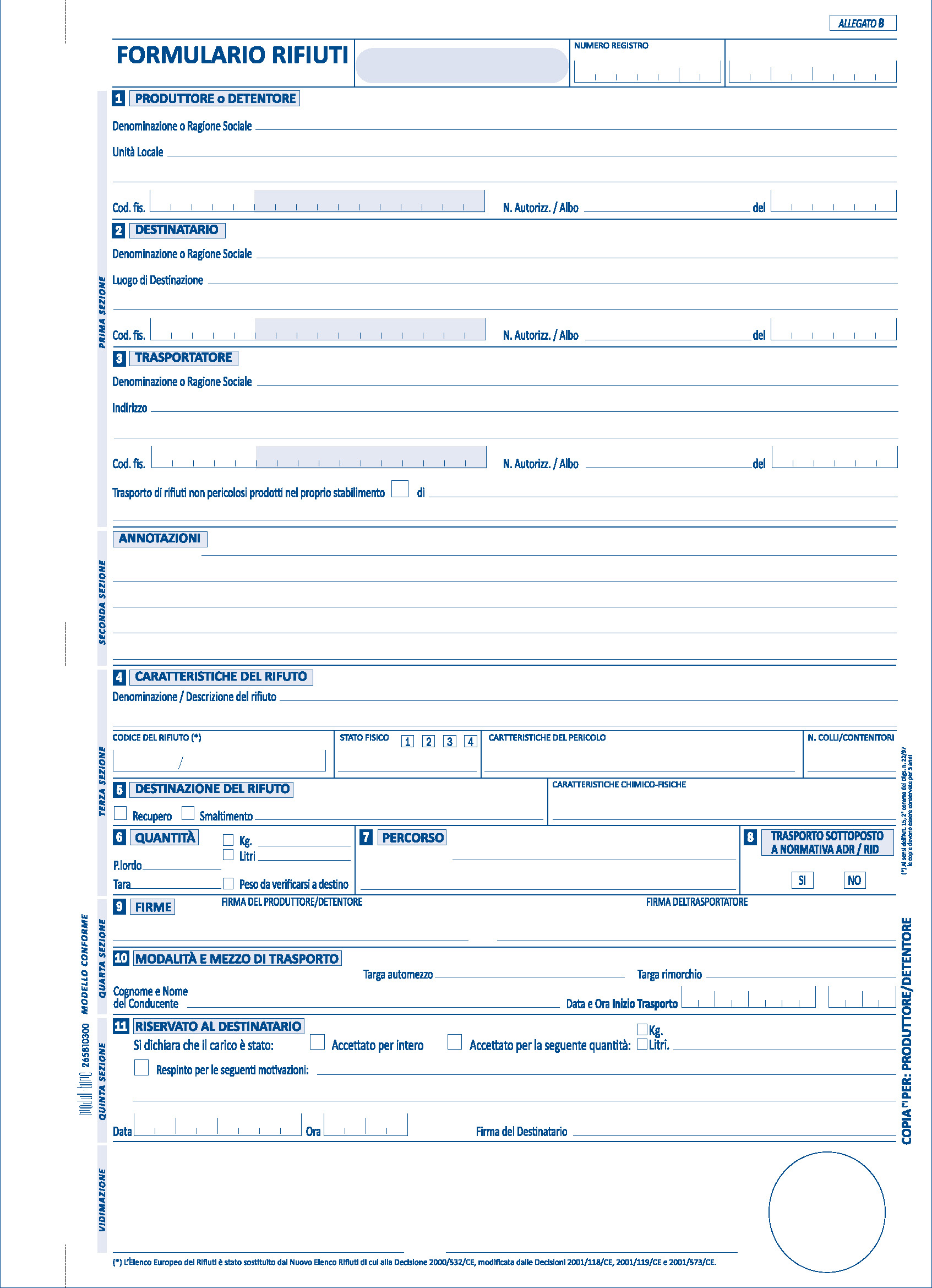 RIFIUTI - FORMULARIO IDENTIFICAZIONE