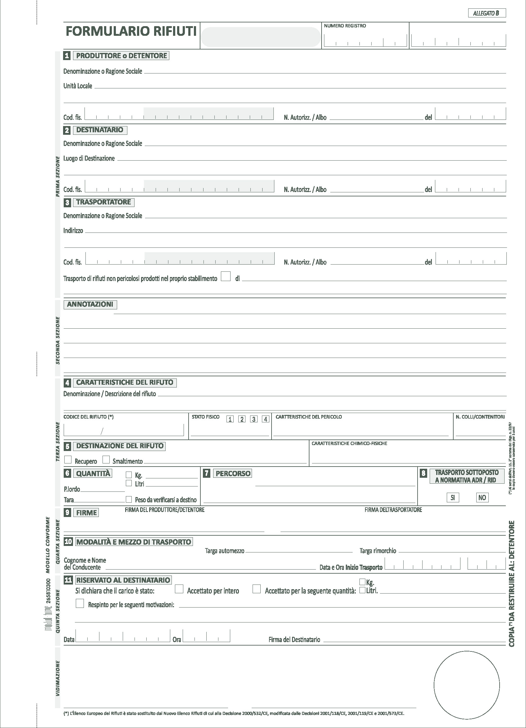 RIFIUTI - FORMULARIO IDENTIFICAZIONE