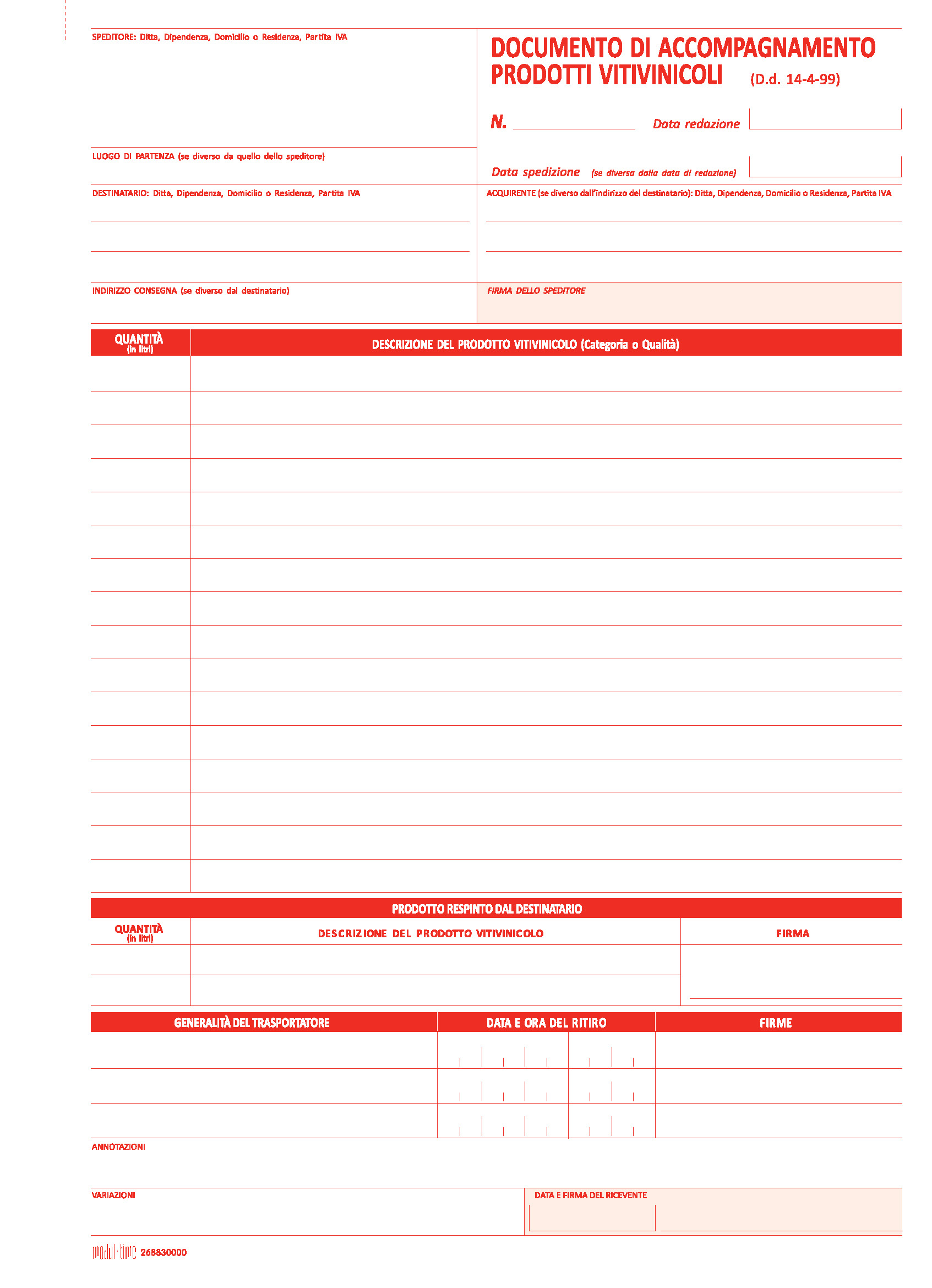 VITIVINICOLI - DDT DOCUMENTO DI ACCOMPAGNAMENTO PRODOTTI
