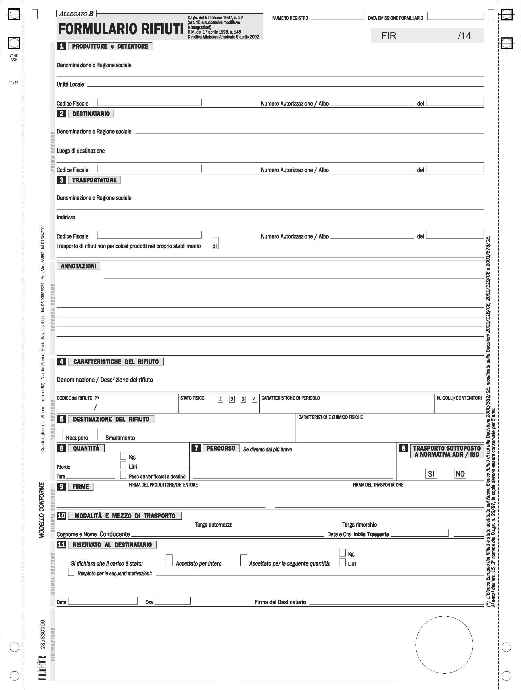 RIFIUTI - FORMULARIO IDENTIFICAZIONE