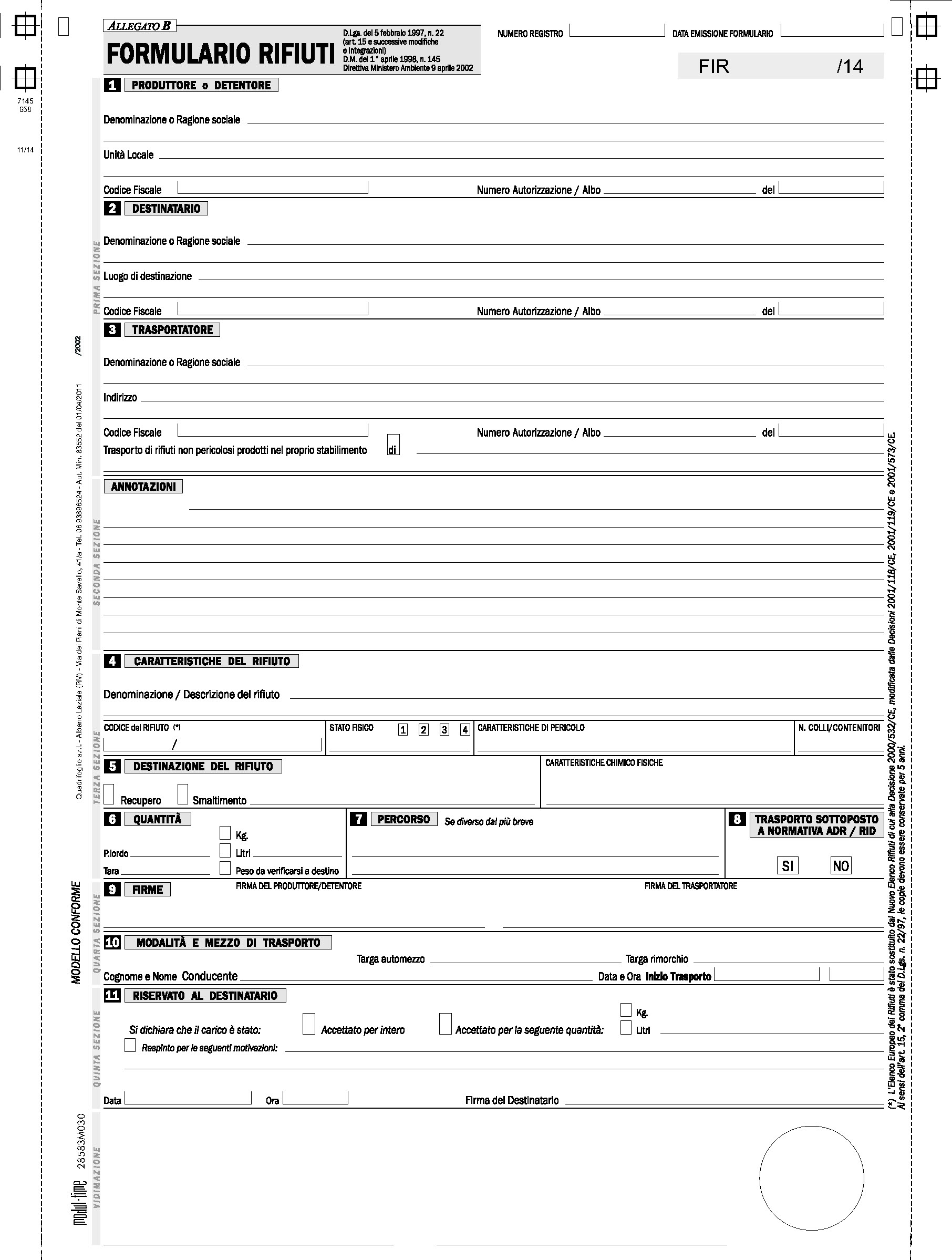 RIFIUTI - FORMULARIO IDENTIFICAZIONE