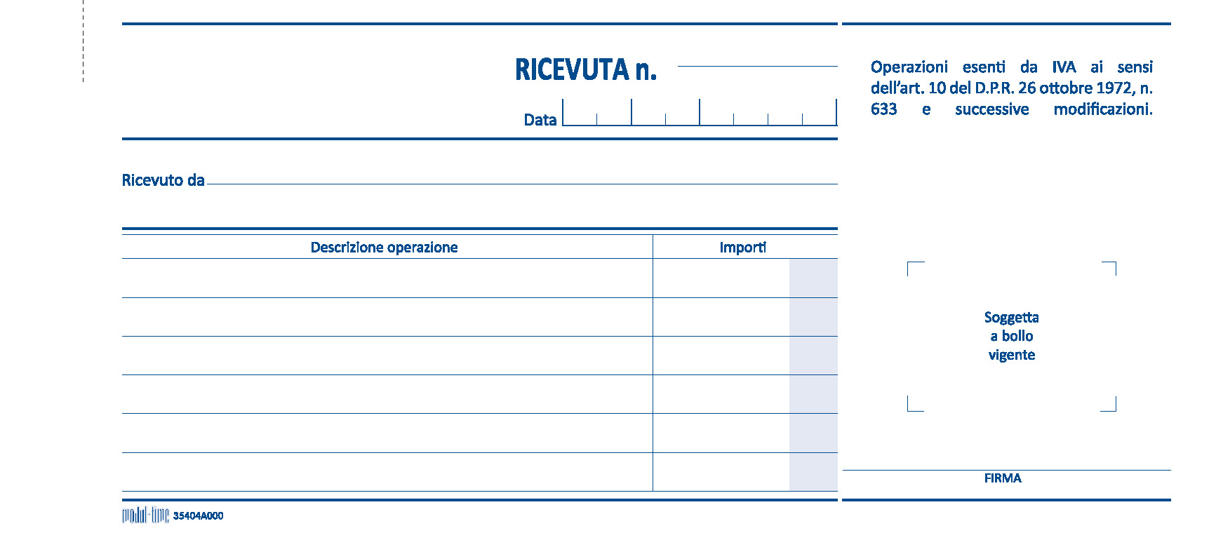 ESENTI IVA - RICEVUTA OPERAZIONI