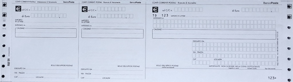 CONTO CORRENTE POSTALE - BOLLETTINO 3 SEZIONI