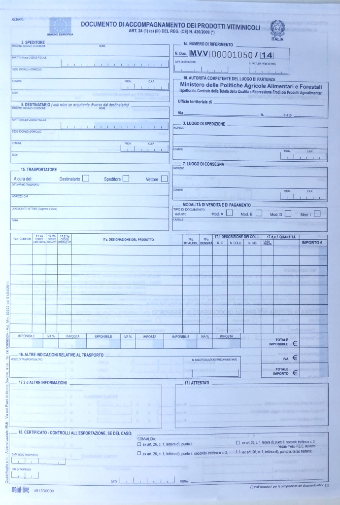 VITIVINICOLI - DDT DOCUMENTO DI TRASPORTO SERIE MVV