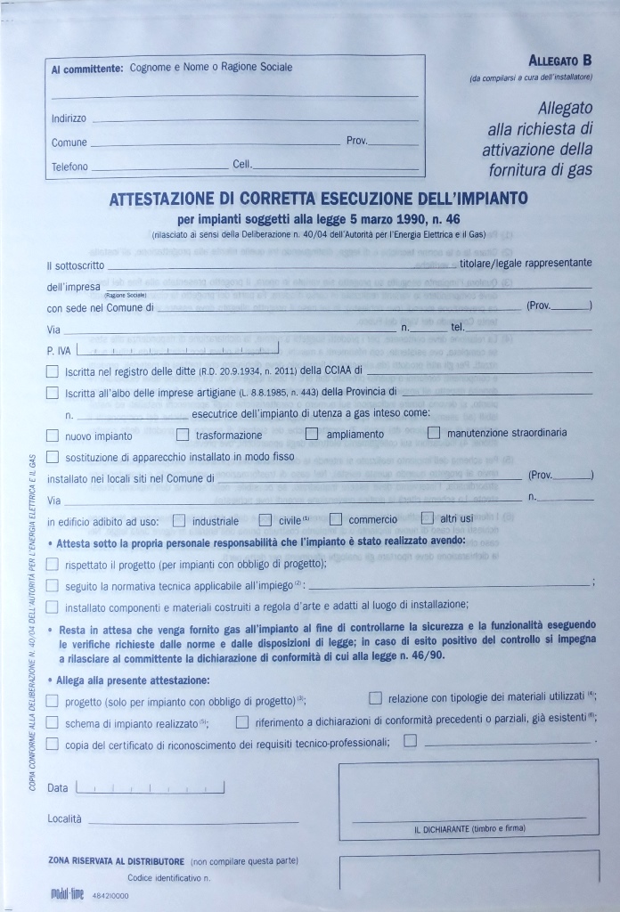 ATTESTATO CORRETTA ESECUZIONE IMPIANTO