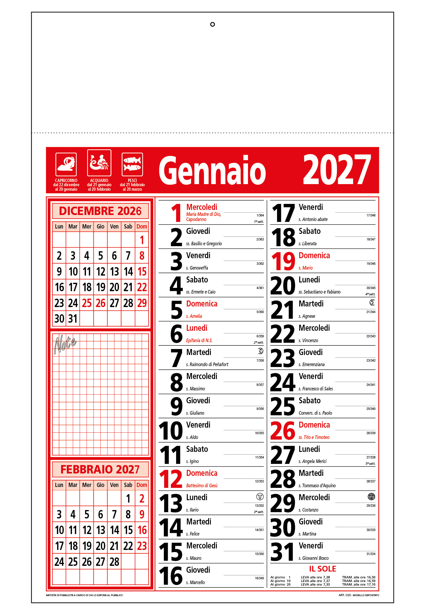 Calendario Olandese 29X47 Linea Note