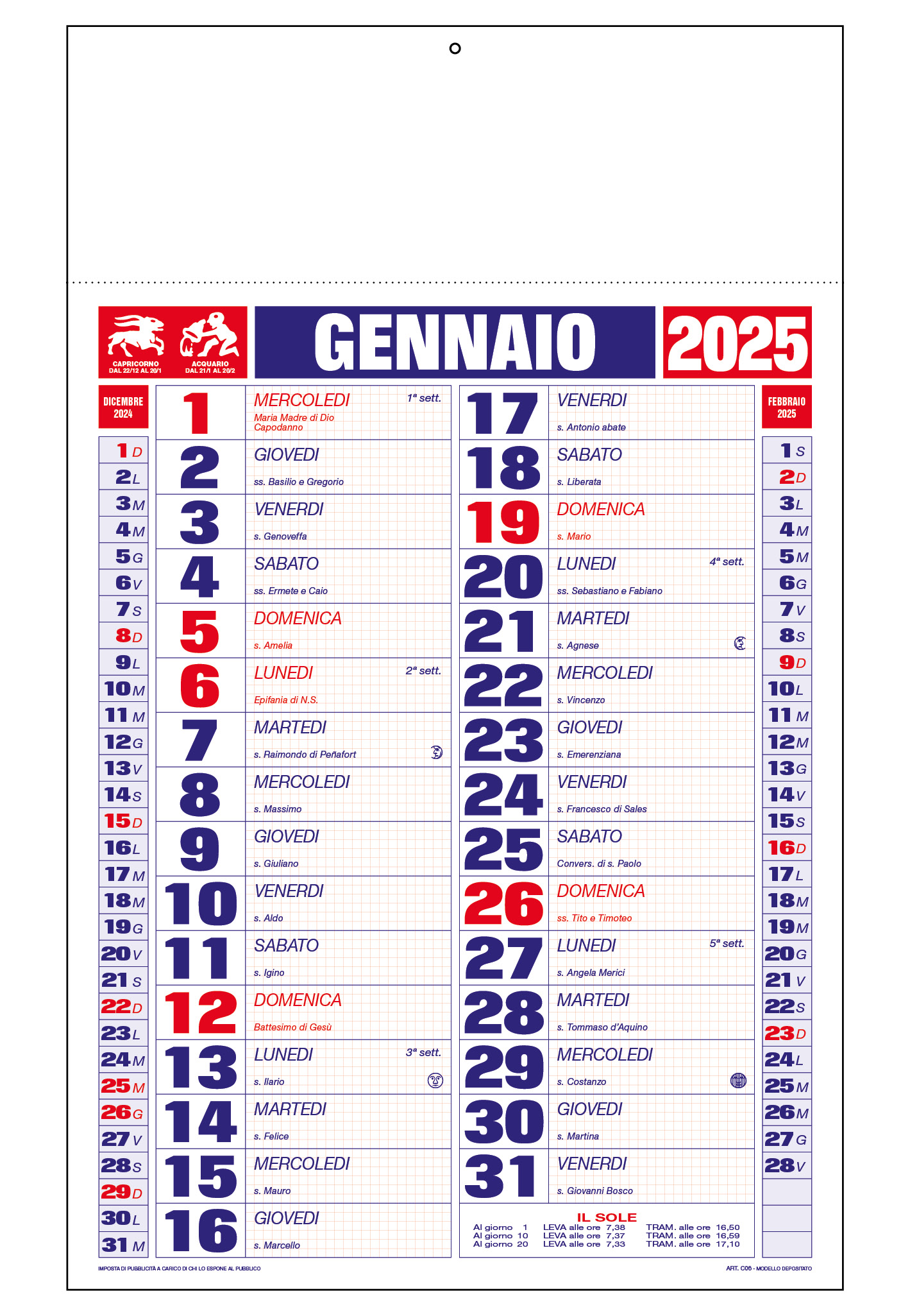 Calendario Olandese 29X47 Linea Quadretti