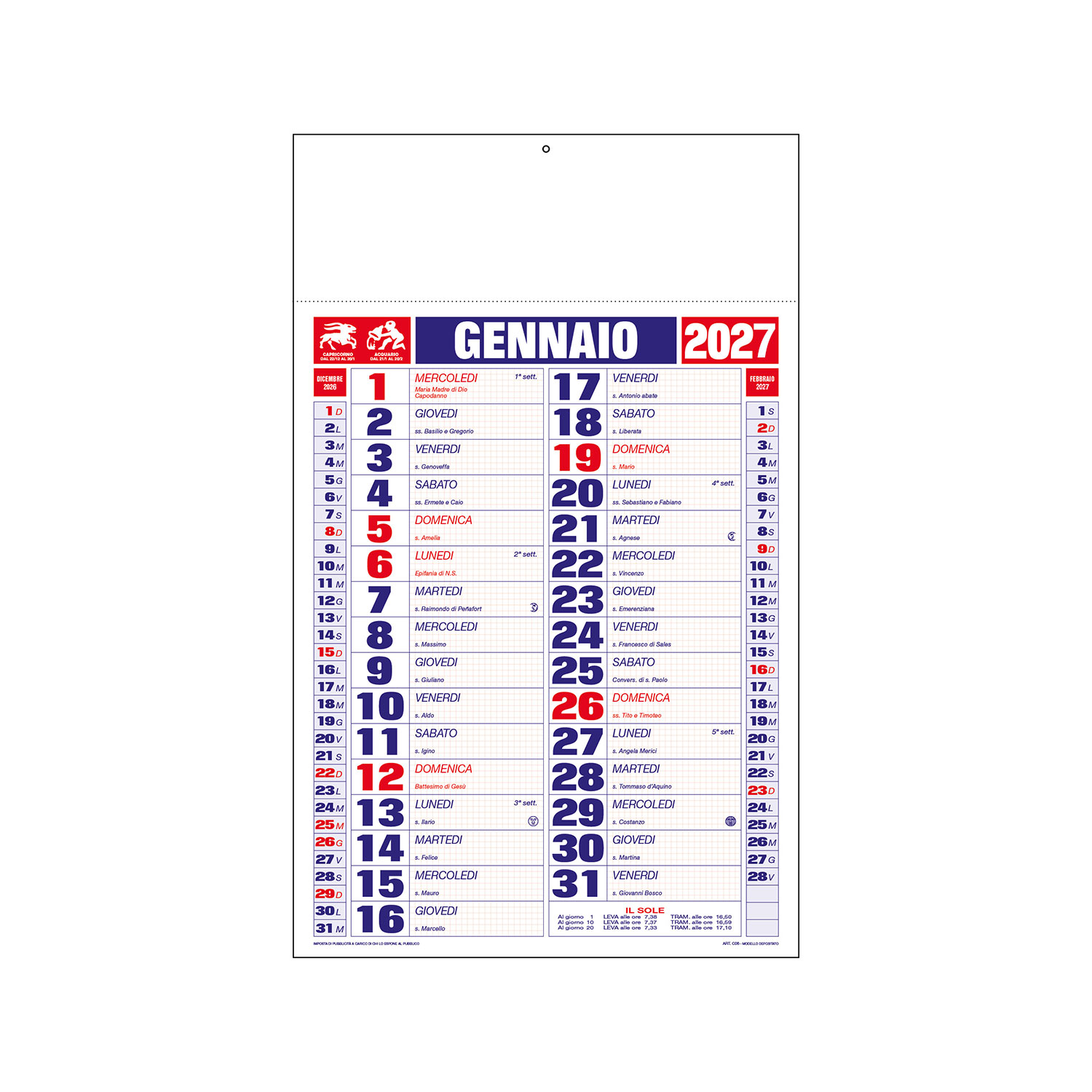 Calendario Olandese 29X47 Linea Quadretti